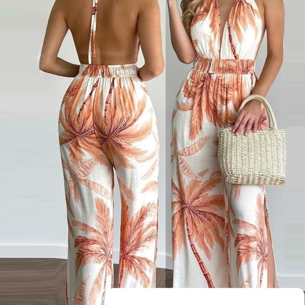 Tropical Palm Peach Halter Jumpsuit